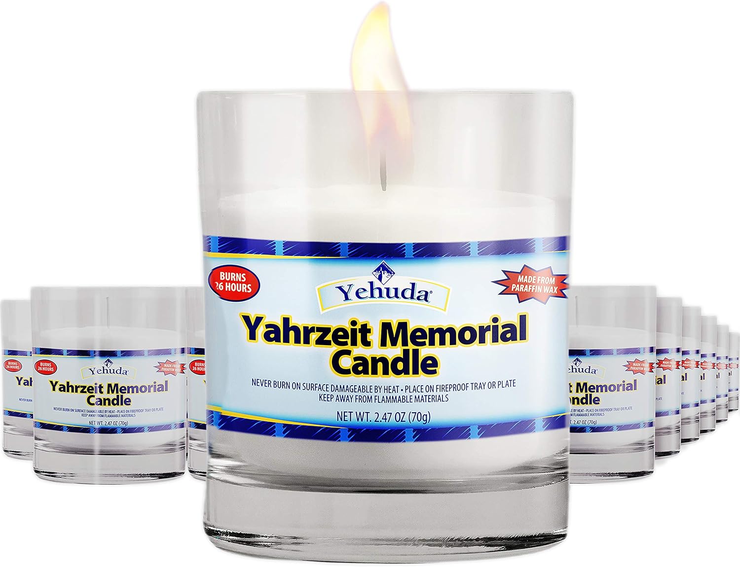 Yehuda, Yahrzeit Memorial Candle, Glass Tumbler (24 Pack) 24 Hour Candles | Yom Kippur Candles | Perfect For Blackouts, Storms & Hurricanes