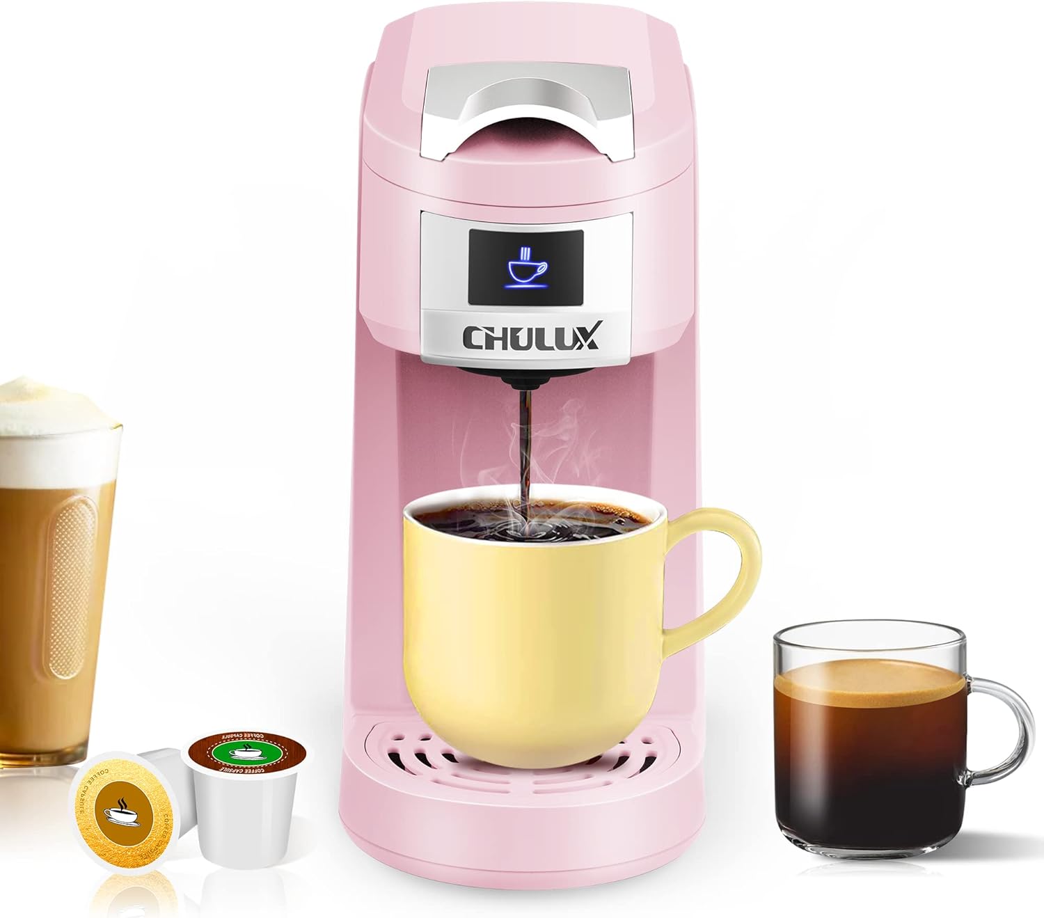 CHULUX Upgrade Single Serve Coffee Maker for K Cup & Ground Coffee, Pink Mini Single Cup Coffee Machine with One Touch Function, Fast Brewing in Minutes