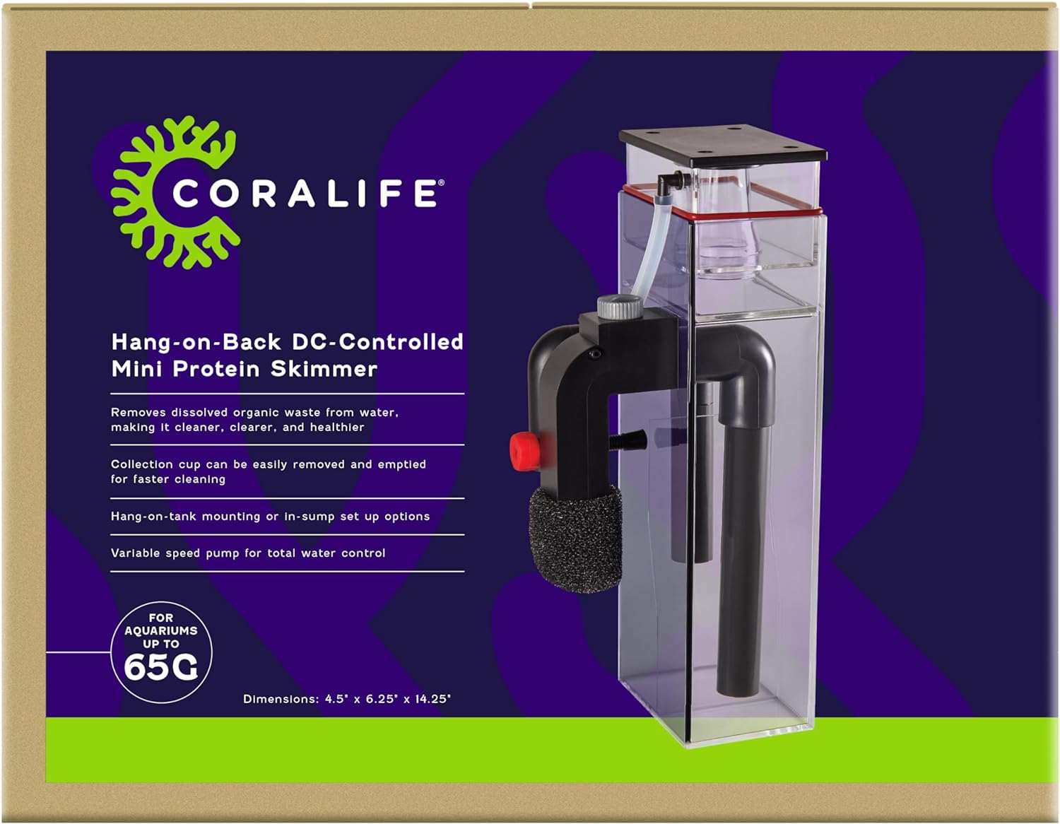 Coralife Aquarium Fish Tank Marine Salt Water DC-Controlled Variable Speed Mini Protein Skimmer, Up To 65 Gallons