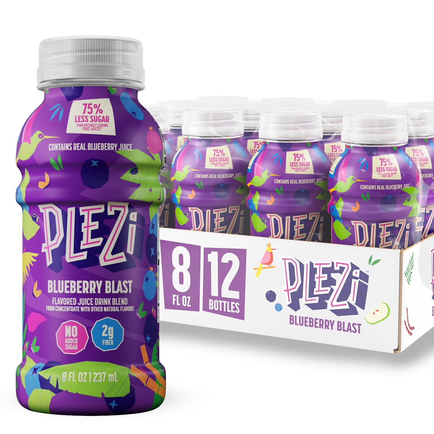 PLEZi Flavored Kids Juice Drink - Blueberry Blast Fruit Juice Drink Blend - No Sugar Added, 2g Fiber - Tasty Refreshing Juices for Kids - 8 fl oz (Pack of 12)