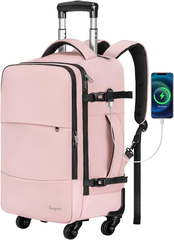 This backpack/weekend suitcase is exactly as described. It has so much space and that's saying a lot by the amount of things I choose to carry around with me. I love the different ways to carry it. It can be a backpack (use the straps) it can be a rolling suitcase (use the extending handle). It can also be carried like a briefcase (use top or side handle). It has many pockets to store things in and you can even charge your phone or computer without having to take everything out. Overall I consider it an outstanding buy. And the pink isn't eye popping so it works with other items.