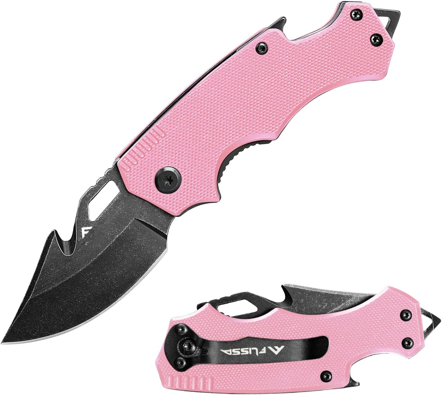 FLISSA Mini Folding Pocket Knife, 2.5-Inch Stainless Steel Drop Point Blade, EDC Pocket Knives for Women with Bottle Opener and Glass Breaker (Pink)