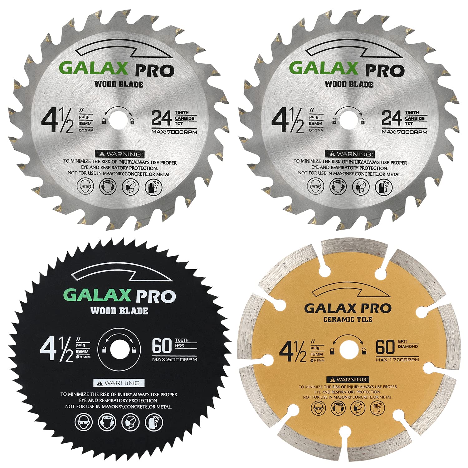 GALAX PRO Saw Blade Set, Pack of 4 Assorted 60T HSS Metal/24T TCT Wood/Diamond 4-1/2-Inch Circular Saw Blade with 3/8 Arbor for Fast Cutting