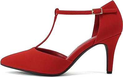 Soda Bahia ~ Women Pointed Toe Closed Back Counter Stiletto Mid Heel T-Strap Pump Shoe