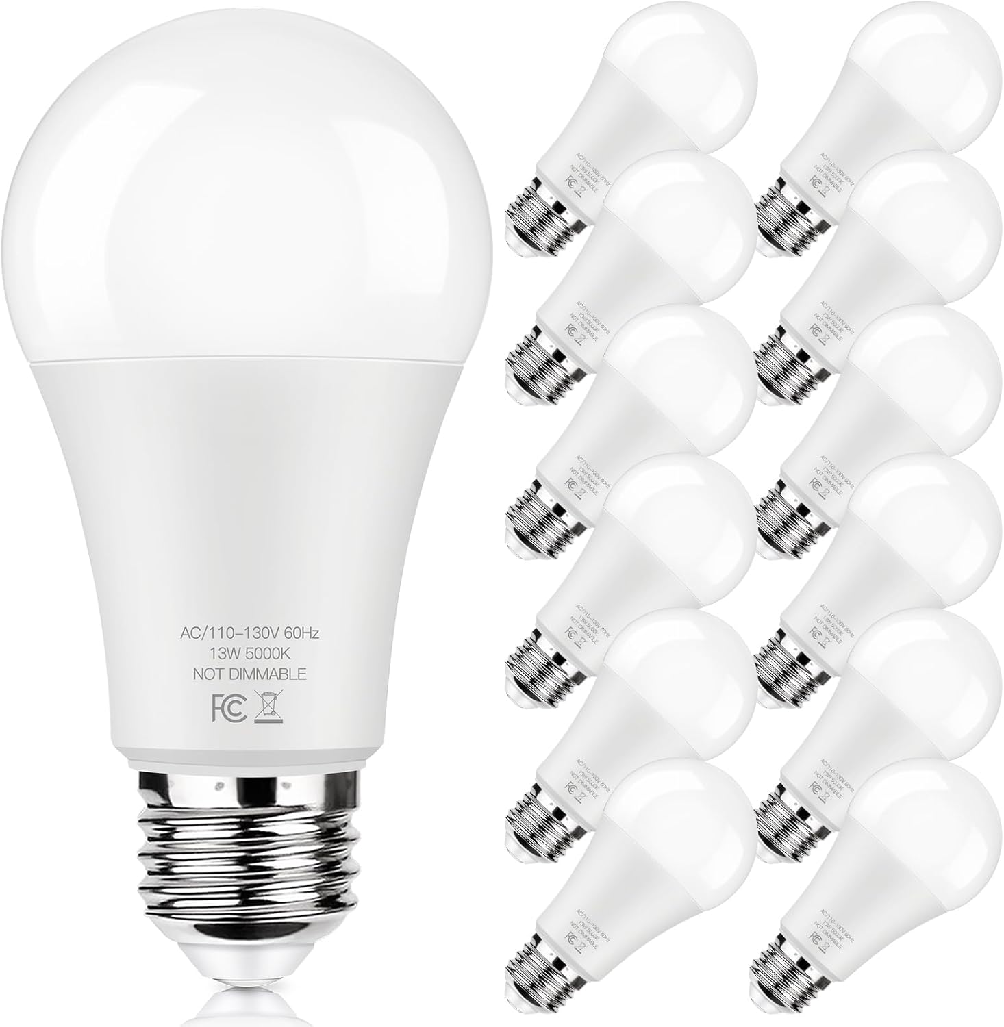 LED Light Bulbs 100W Equivalent 1500 Lumens, A19 13W 5000K Daylight White Non-Dimmable, Super Bright No Flicker Standard E26 Edison Screw Bulbs for Home, Bedroom, Office Lamp, 12-Pack