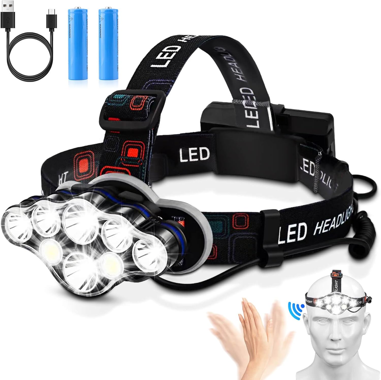 Rechargeable Headlamp,18000 Lumen Bright 8 Led Head Lamp, 16 Modes Adjustable Motion Sensor Headlight with Red Light, Waterproof Head Flashlight for Outdoor Hiking Camping