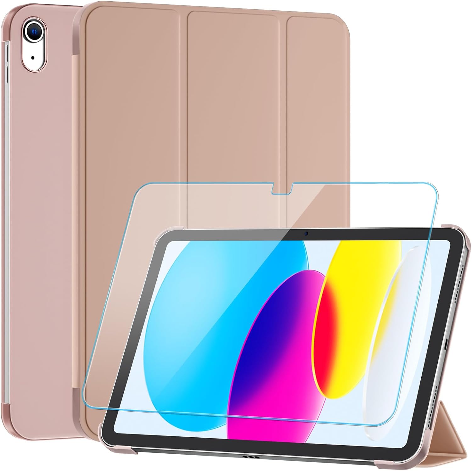 SUPFINE for iPad 10th Generation Case 10.9 inch 2022, with (Glass Screen Protector), Slim Stand Translucent Back Shell Cover for iPad 10th Generation (Support Touch ID, Auto Wake/Sleep), Rose Gold