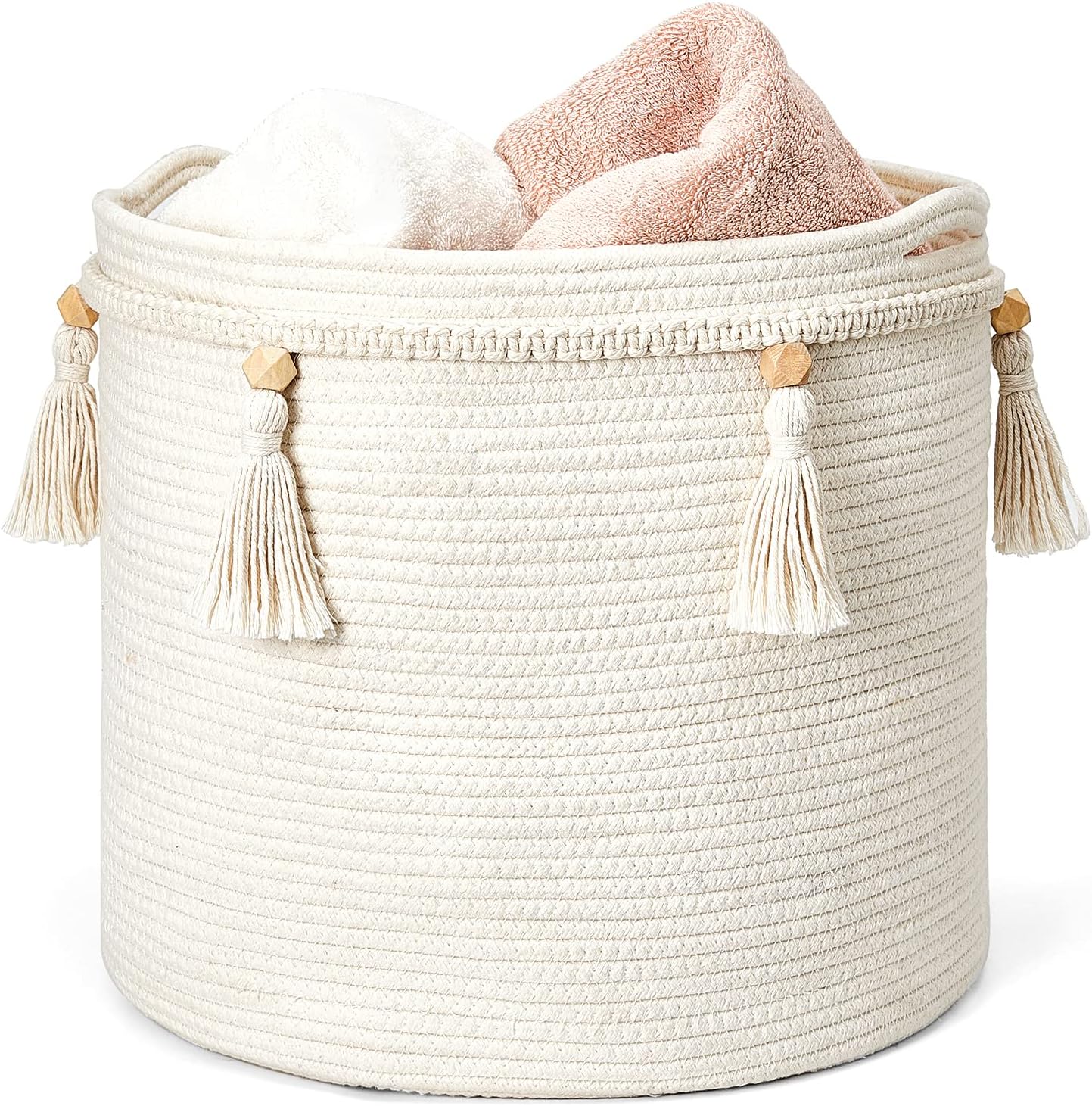 Mkono Macrame Decorative Cotton Rope Basket Boho Cute Woven Tassel Closet Storage Bins Organizer for Nursery,Baby Toys,Blankets,Magazines, Potted Plants Cover,Living Room,Bedroom Home Decor 15x 14