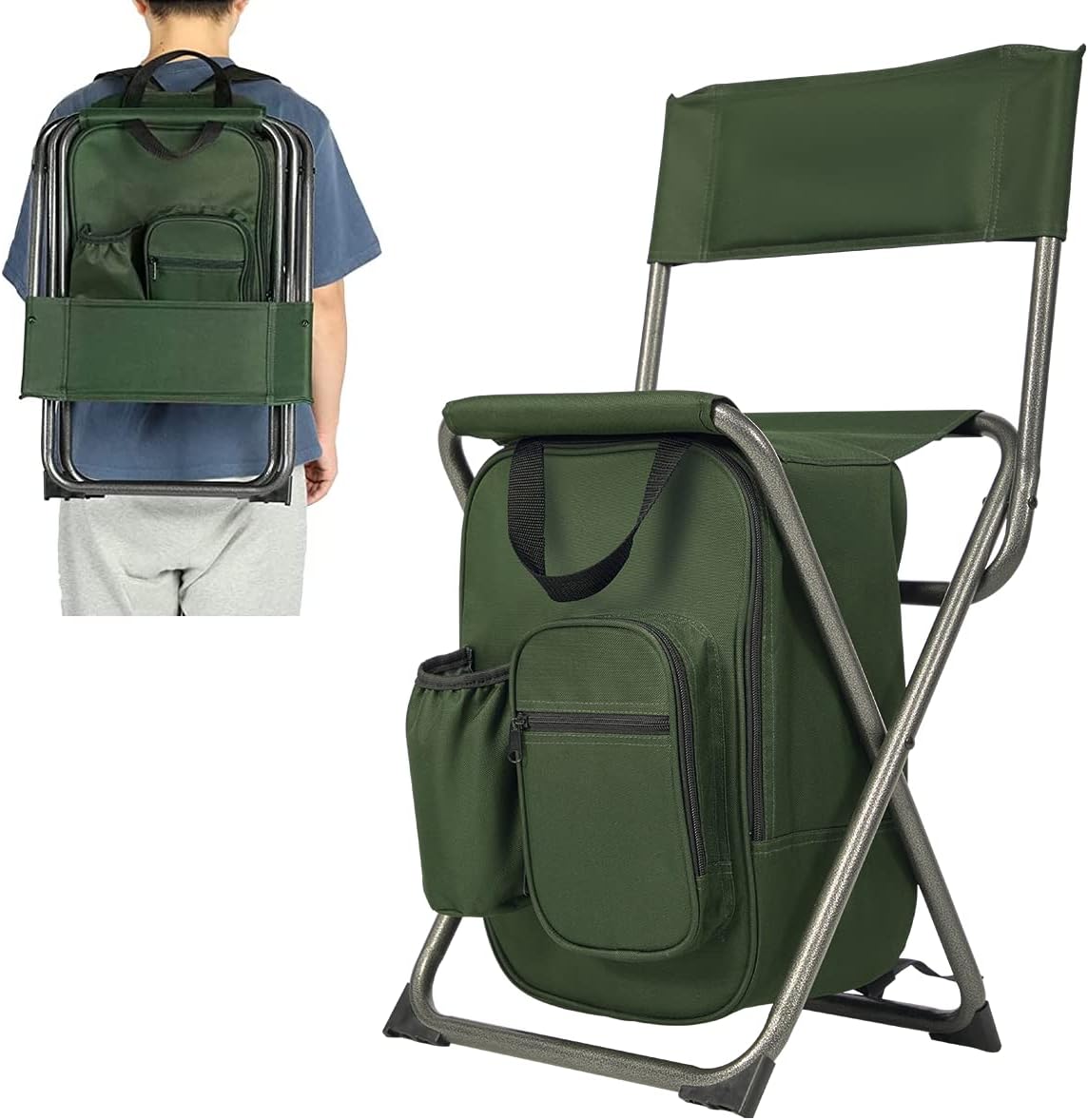 PORTAL Backpack Cooler Chair Fishing Chairs with Backrest Folding Camping Stool Compact for Outdoors Hiking Hunting Travel, Supports 225 lbs