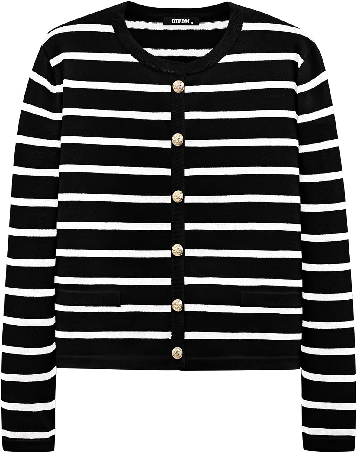 BTFBM Women' Cardigans Sweater 2024 Spring Striped Long Sleeve Button Down Crop Open Front Knit Outerwear Deco Pockets