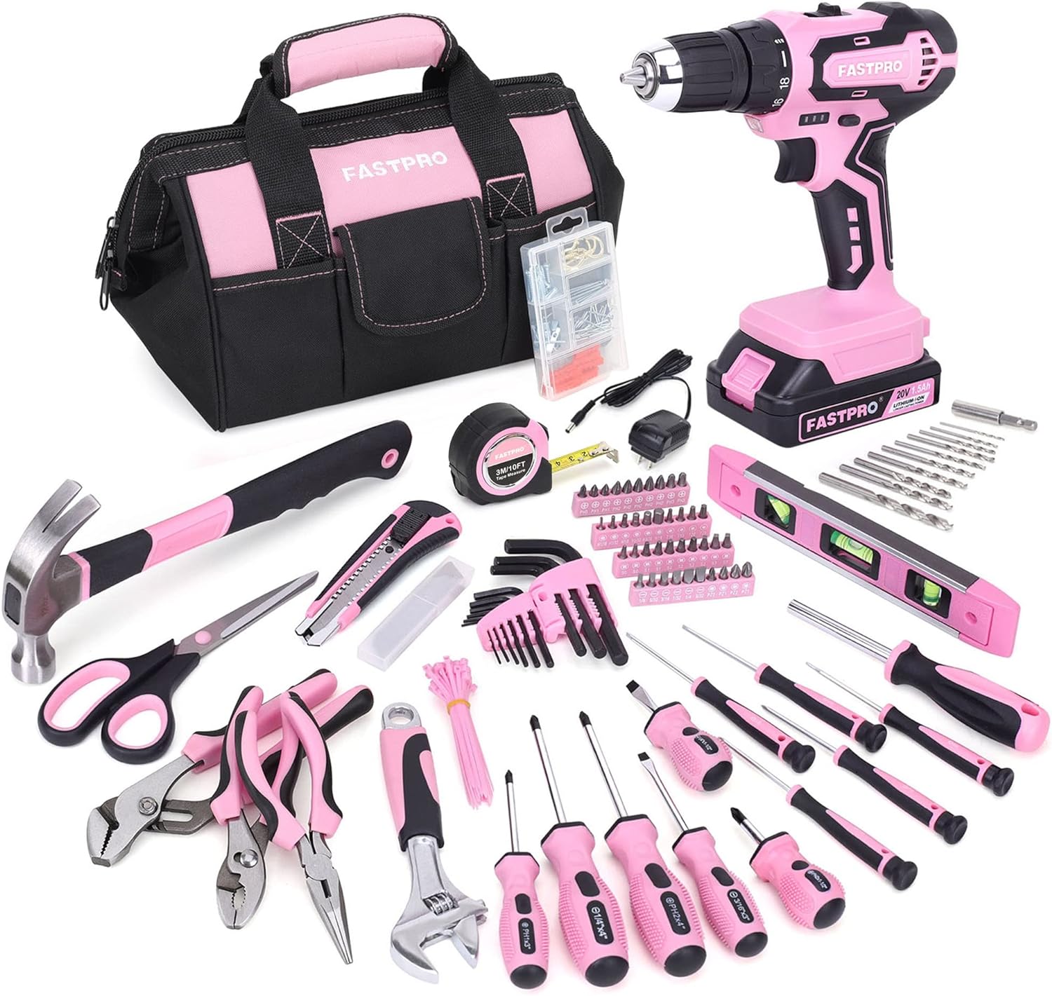 FASTPRO 232-Piece 20V Pink Cordless Lithium-ion Drill Driver and Home Tool Set, Lady's Repairing Kit with 12-Inch Wide Mouth Open Storage Bag