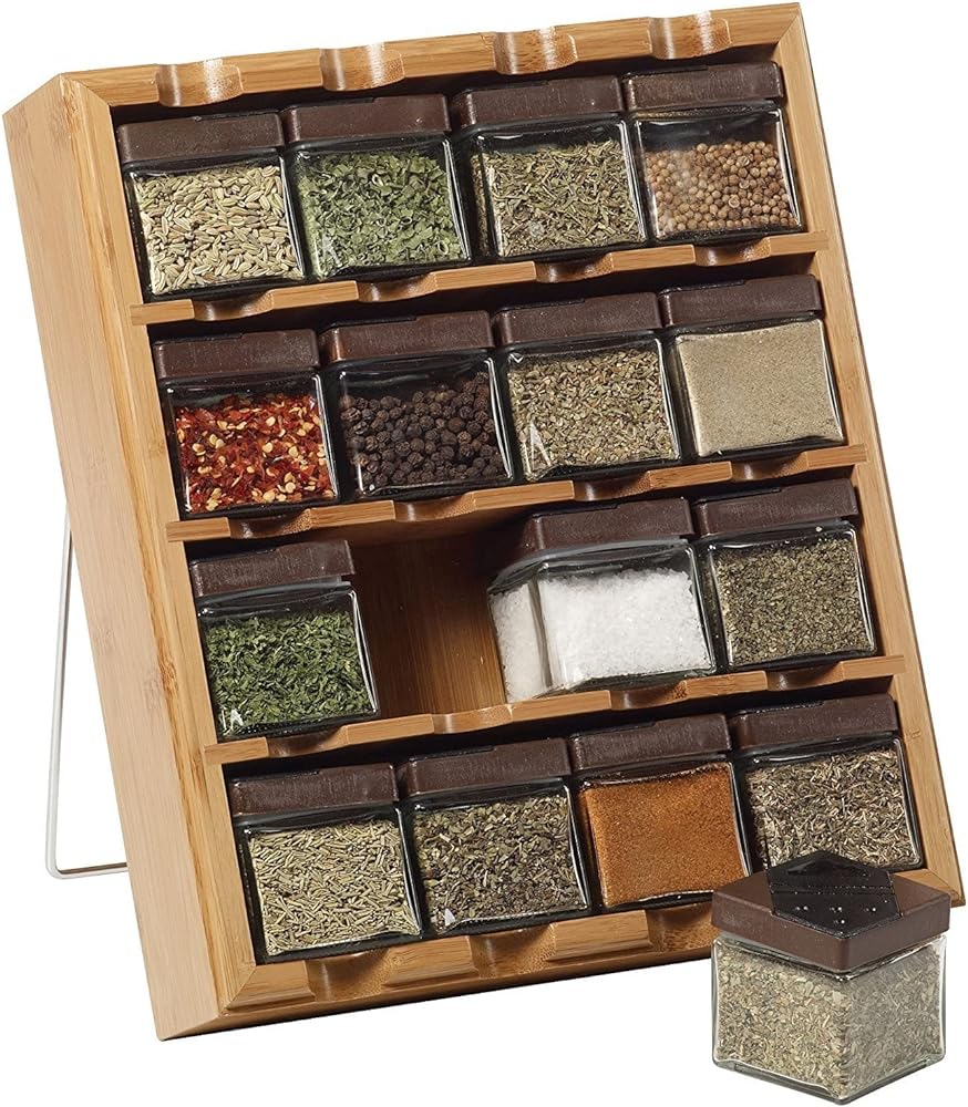 Kamenstein Jar Bamboo 3-in-1 Spice Organizer for Countertop, Wall, and Drawer with Spices Included, FREE Spice Refills for 5 Years, Lift &amp; Pour Caps , 16 Count ( Pack of 1)