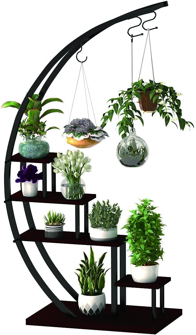 GDLF5 Tier Metal Plant Stand Creative Half Moon Shape Ladder Flower Pot Stand Rack for Home Patio Lawn Garden Balcony Holder Black (1 Pack)