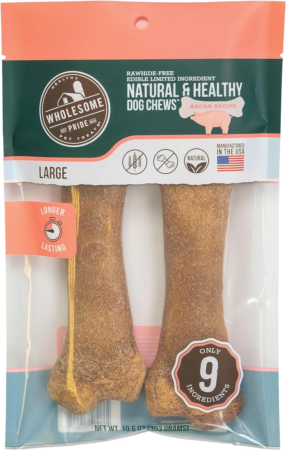 Wholesome Pride Natural & Healthy Dog Chews 2Pk, for Large Dogs, Bacon Flavor