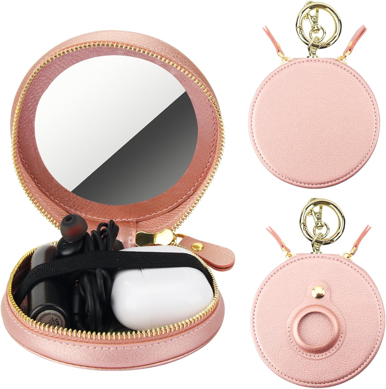 Bocasal Coin Pouch Mini Lipstick Cosmetic Bag with Airtag Holder Mirror, Leather Zipper Travel Makeup Bag Keychain Ring Clasp for Keys Earbuds Earphone Lip Gloss Chapstick Women Girls (Rose Gold)