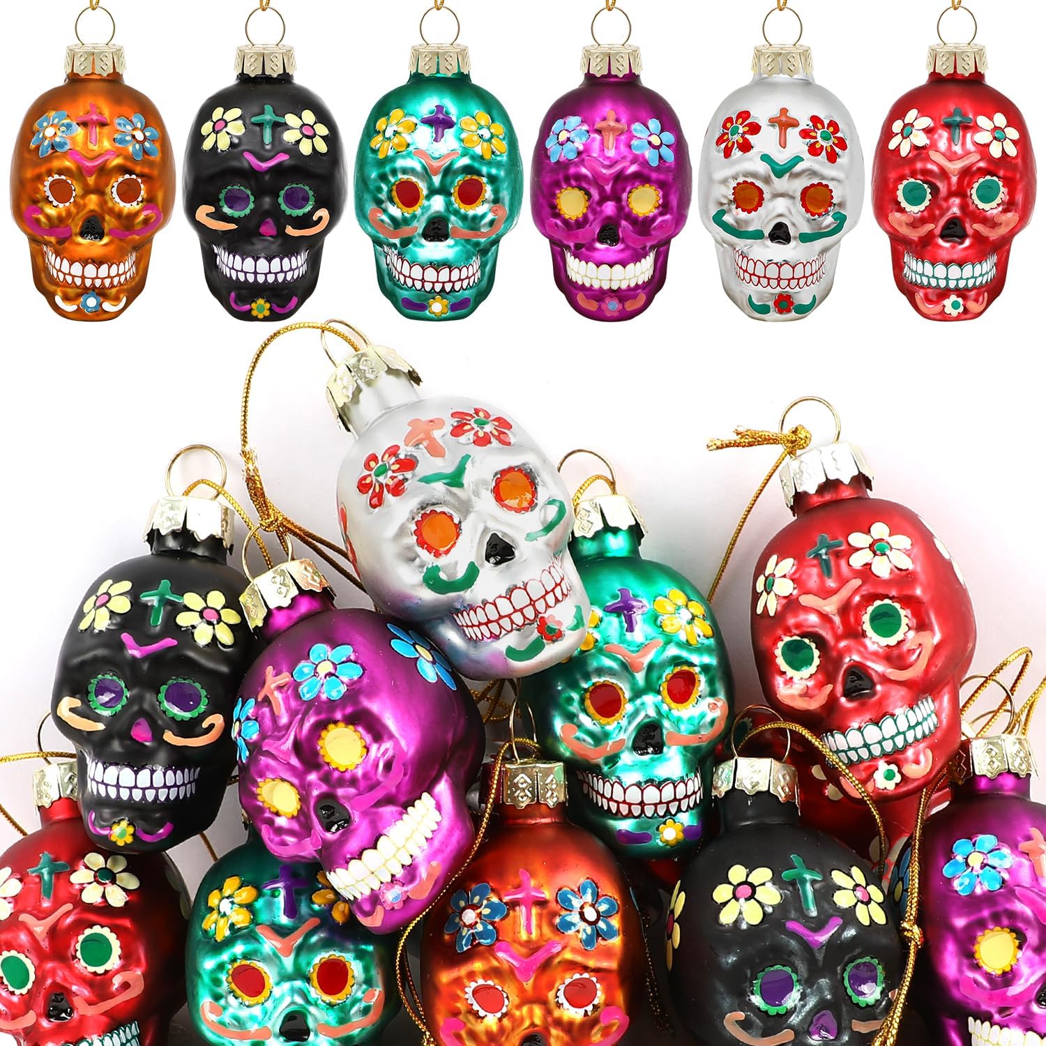 12PCS Day of The Dead Glass Skull Ornaments,Halloween Hanging Sugar Skull Ornaments,Dia De Los Muertos Hanging Skeleton Head Decoration for Halloween Party Xmas Tree Decoration