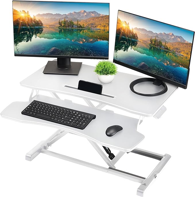 TechOrbits Standing Desk Converter - 32 Inch Adjustable Sit to Stand Up Desk Workstation, MDF Wood, Ergonomic Desk Riser with Keyboard Tray, Desktop Riser for Home Office Computer Laptop, White 32