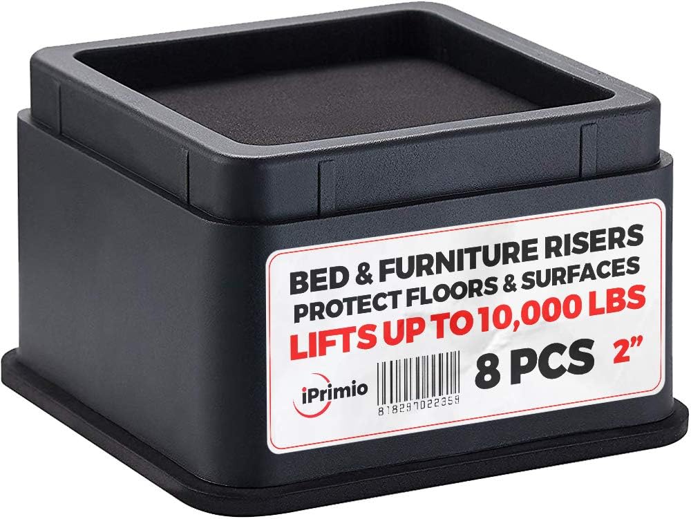 iPrimio Bed Risers - Square, 2 Inch Lift, Heavy Duty, 8 Pack, Up to 10000lbs - Dorm Bed Risers, Bed Raising Blocks, Furniture Risers - Safe, Sturdy Bed Lifts for College Dorm Rooms, Couches, Tables