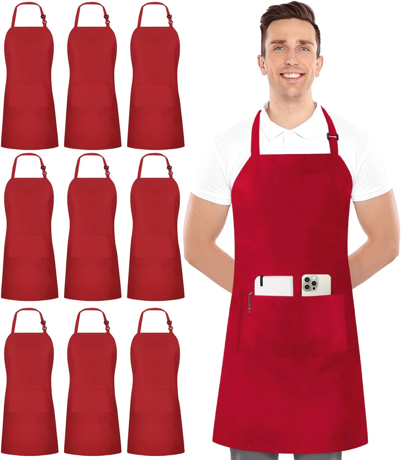 Utopia Kitchen 10 Pack Bib Apron Adjustable with 2 Pockets, Water and Oil Resistant, Cooking Kitchen Chef Apron for Women Men