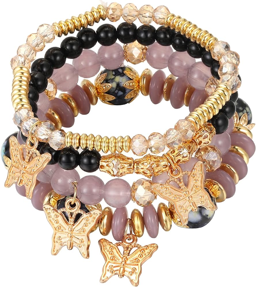 FAXHION Bohemian Bracelets for Women Girls, Gold Beaded Stackable Stretch Bracelet Set, Butterfly Elastic Colorful Charm Bracelets Boho Jewelry