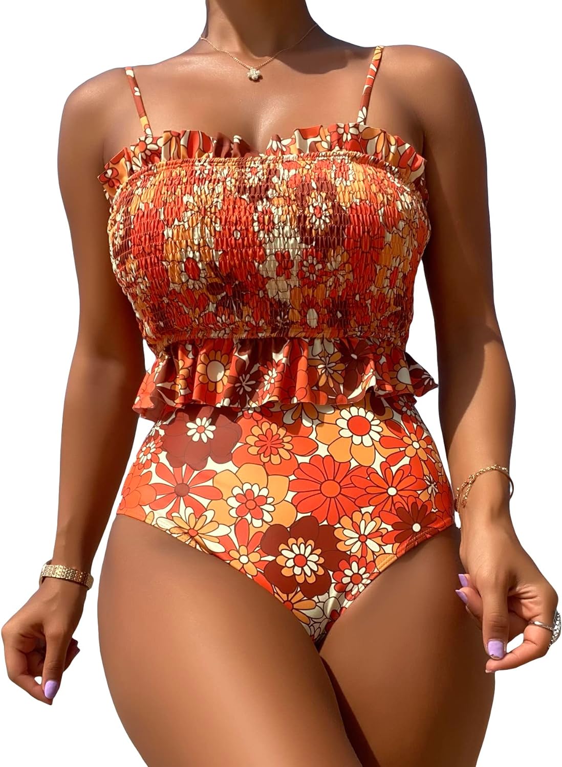 WDIRARA Women' 2 Piece Set Floral Print Tankini Swimwear Smocked Ruffle Hem Onepiece Swimsuit Bikini Set