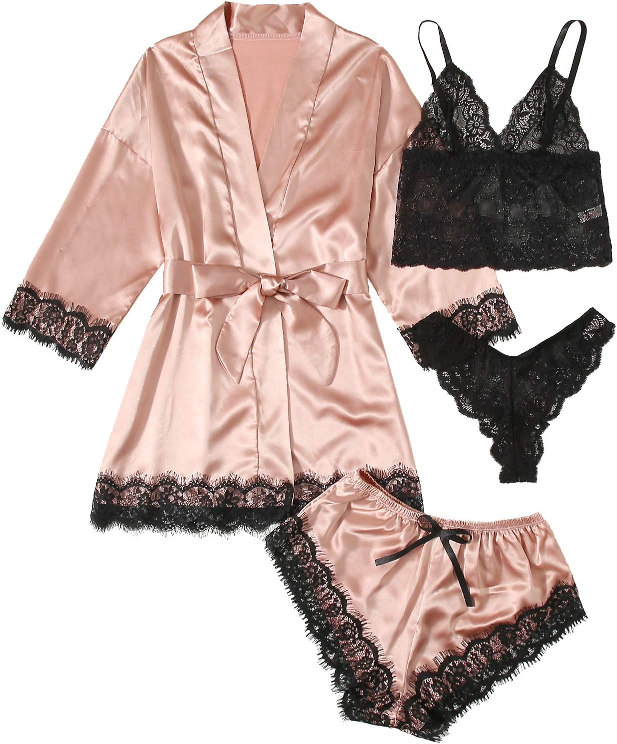 WDIRARA Women' Silk Satin Pajamas Set 4pcs Lingerie Floral Lace Cami Sleepwear with Robe