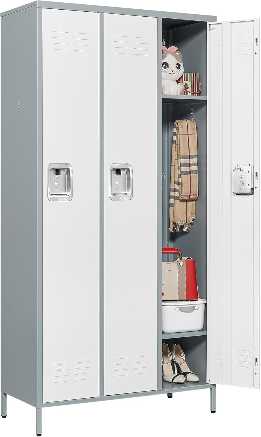 Metal Locker 3 Doors Employees Locker Storage Cabinet Locker School Hospital Gym Locker Requires Assembly (gray white-3 doors 36 w)