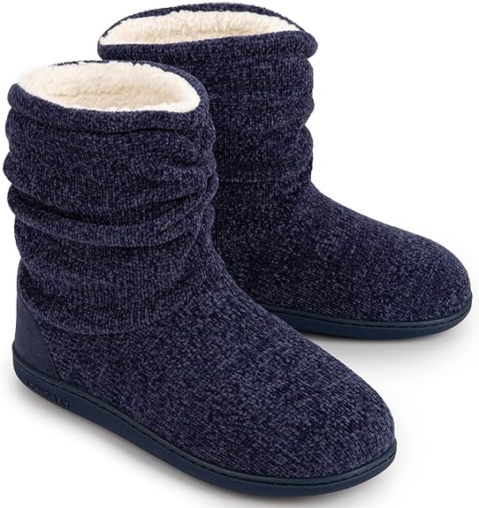 LongBay Women' Chenille Knit Bootie Slippers Cute Plush Fleece Memory Foam House Shoes