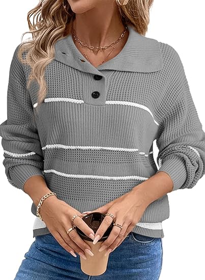 Dokotoo Womens Sweaters Long Sleeve Fall Fashion 2024 1/4 Button Pullover Sweater Striped Color Block Knit Jumper Tops