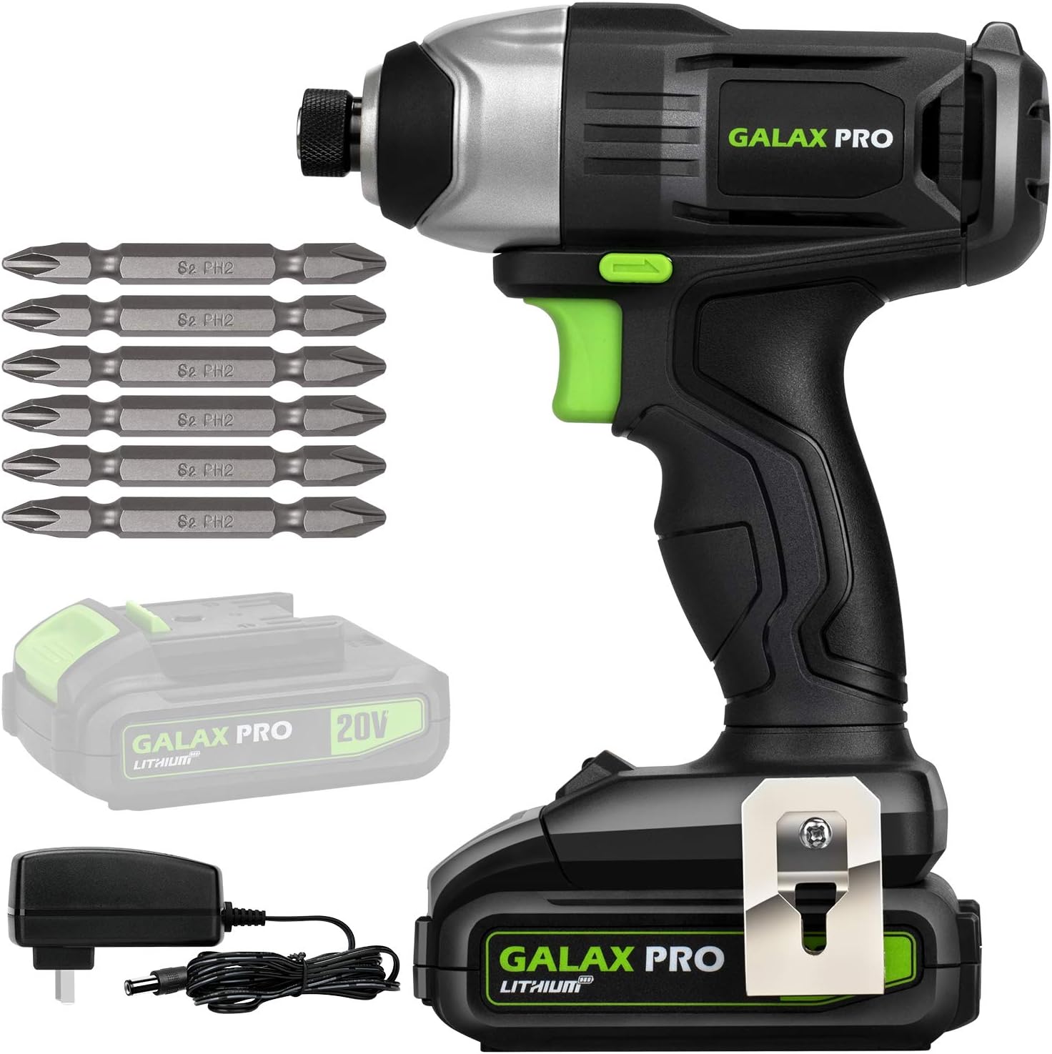 GALAX PRO Impact Driver 20 V Lithium Ion 1/4 Hex Cordless Driver with LED Work Light, 6 Pieces Screwdriver Bits, Variable Speed (0-2800 RPM)- 1.3 Ah Battery and Charger Included