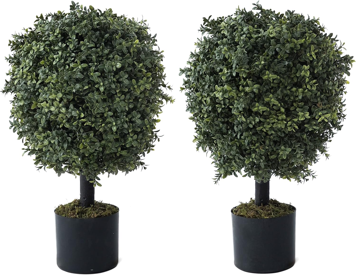 CAPHAUS Artificial Boxwood Topiary Ball Tree Set of 2, Artificial UV Resistant Bushes, Faux Potted Tree, Plant in Pot with Dried Moss, Fake Shrubs for Indoor, Front Porch, Outdoor, w/Green Leaves