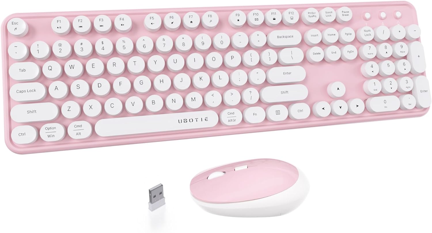 UBOTIE Colorful Computer Wireless Keyboard Mouse Combos, Typewriter Flexible Keys Office Full-Sized Keyboard, 2.4GHz Dropout-Free Connection and Optical Mouse (Pink-White)