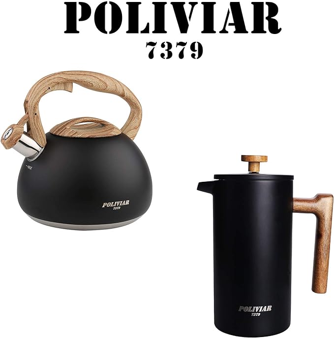 POLIVIAR Tea Kettle/Coffee Press Black Ti, 2.7 Quart Tea Kettle, 34 OZ French Coffee Press with teak wood handle(JX2020-BT))