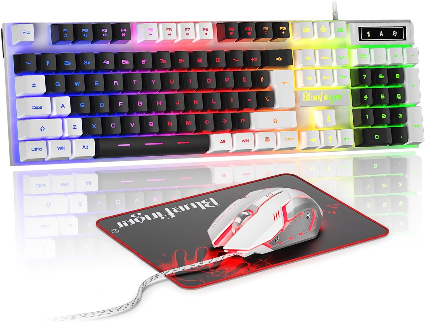 RGB Gaming Keyboard and Backlit Mouse Combo, USB Wired, LED Gaming Set for Laptop PC Computer Game and Work (White & Black)