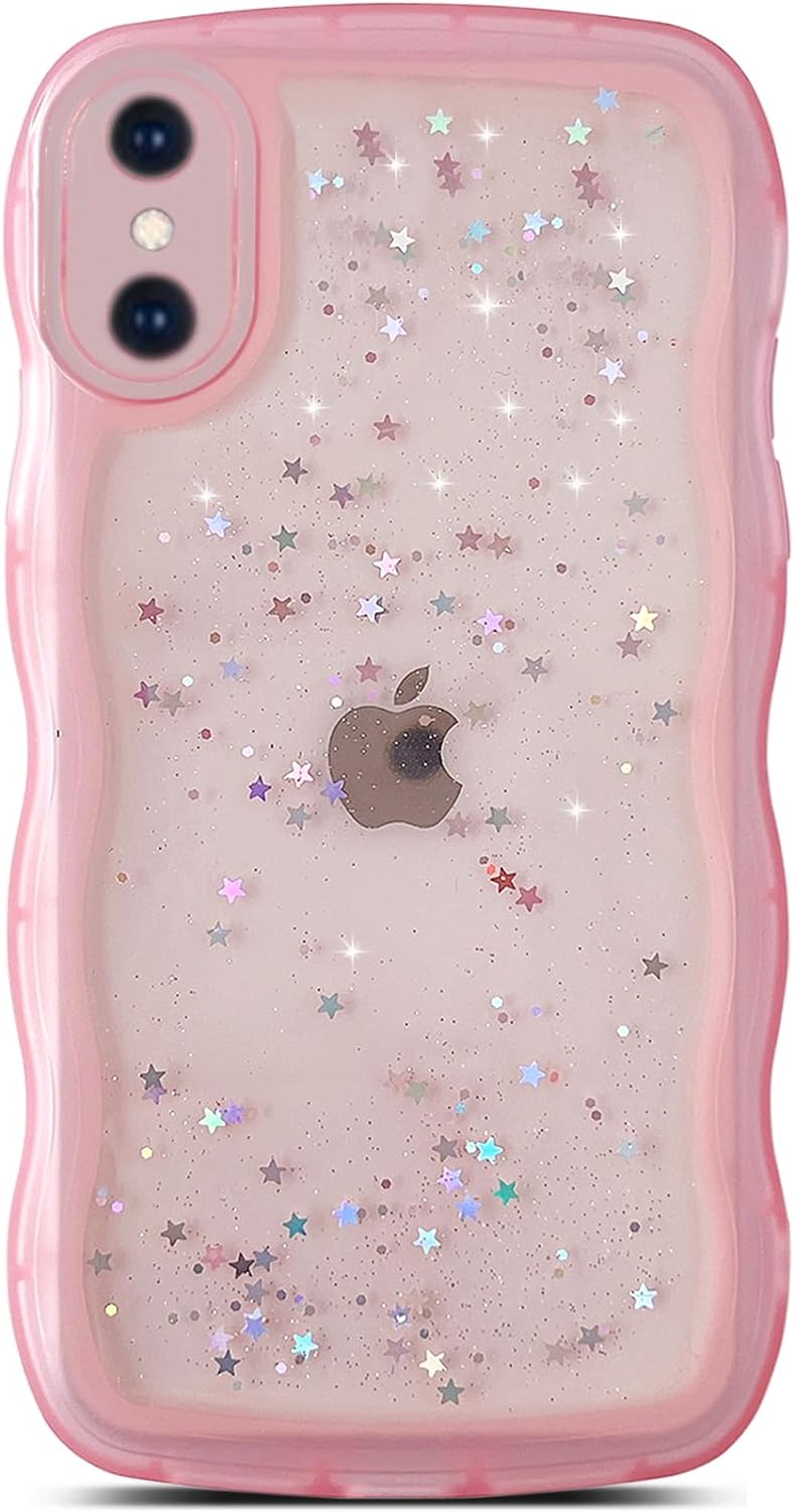 Qokey for iPhone Xs Case/for iPhone X Case 5.8 Curly Wave Edge Transparent Bling Glitter Star Shiny Case Cute Clear Transparent Full Protection Soft TPU Shockproof Phone Cover for Women Girls,Pink