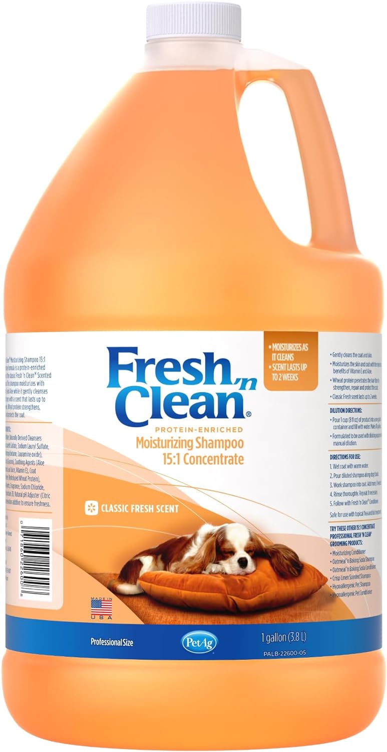 Pet-Ag Fresh n Clean Moisturizing Shampoo, Classic Fresh Scent (15:1 Concentrate) - 1 Gallon - Moisturizes with Vitamin E & Aloe Vera - Strengthens & Repairs Coats - Soap Free