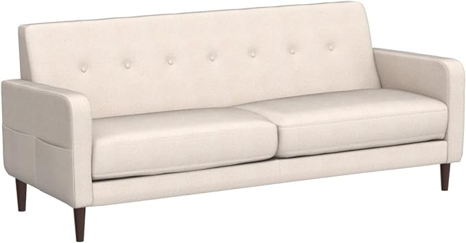 Mellow Adair Mid-Century Modern Loveseat/Sofa/Couch with Armrest Pockets, Tufted Linen Fabric, Ivory