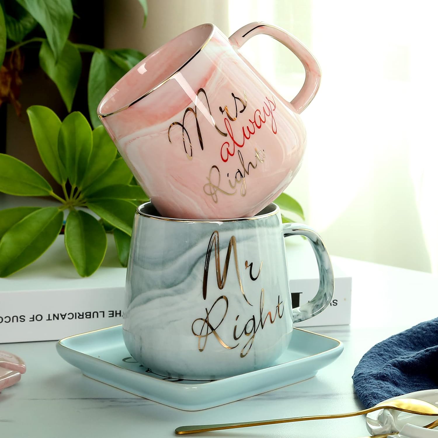 Mr Right Mrs Always Right Couple Coffee Mugs- Wedding Gifts Bridal Shower Anniversary Engagement Gifts for Couple - Bride and Groom Newlyweds Married Couples Ceramic Marble Mugs Set (13.2 oz )