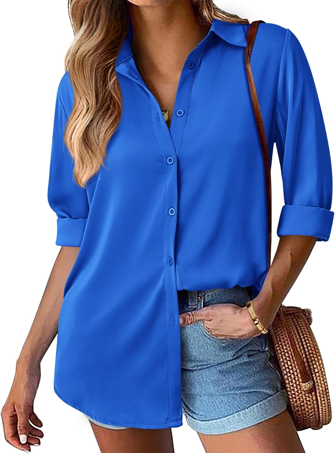 BTFBM Women' Satin Button Down Shirts Roll Up Long Sleeve Lapel V Neck Loose Casual Work Summer Spring Blouse Tops 2024