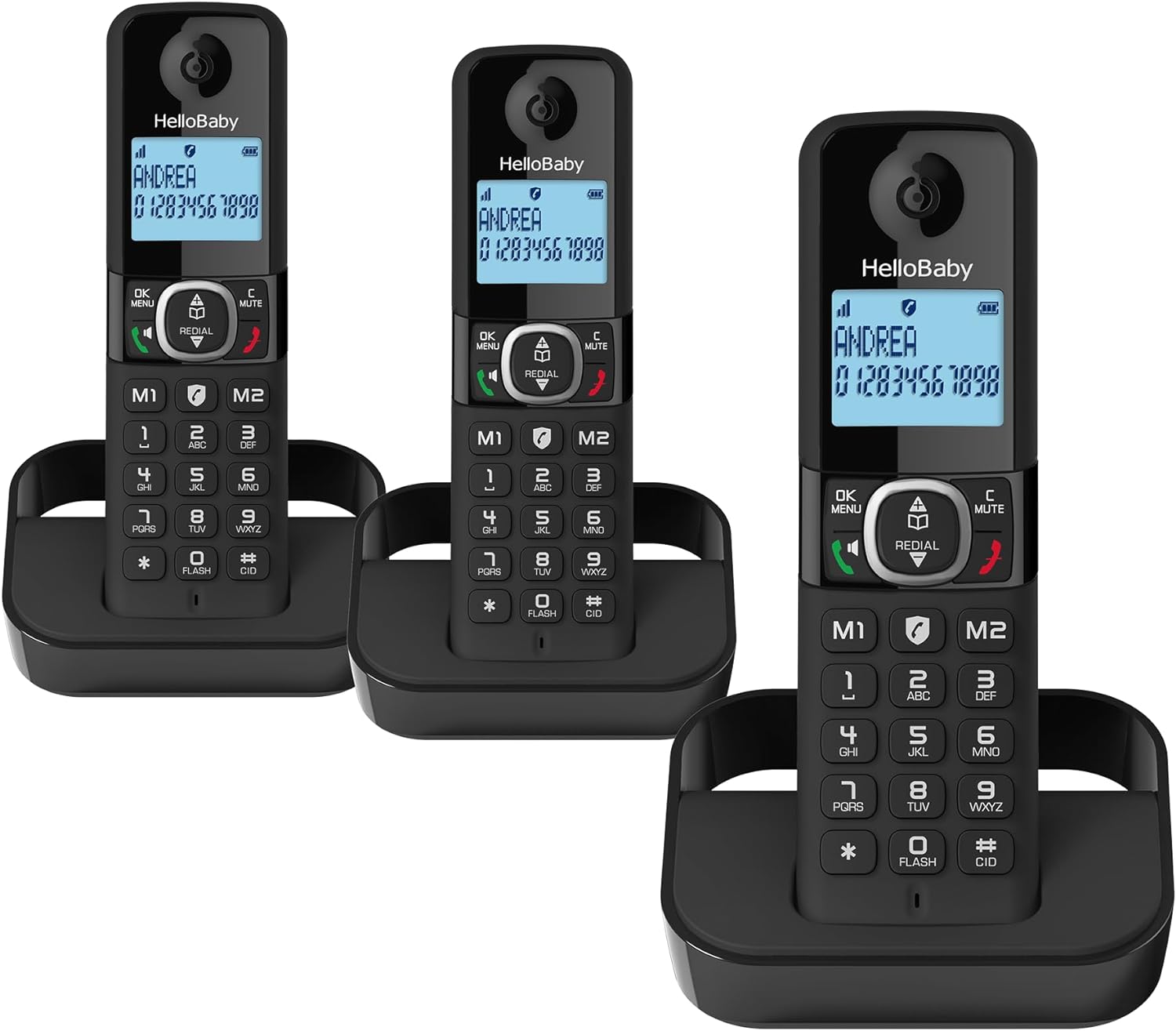 Hellobaby HB2688-3 DECT 6.0 Digital Cordless Telephone, Landline Telephones for Home with 3 Handsets, High-Contrast Display, Caller ID/Call Waiting, Call Blocking, Reliable 1000 ft Range, Black