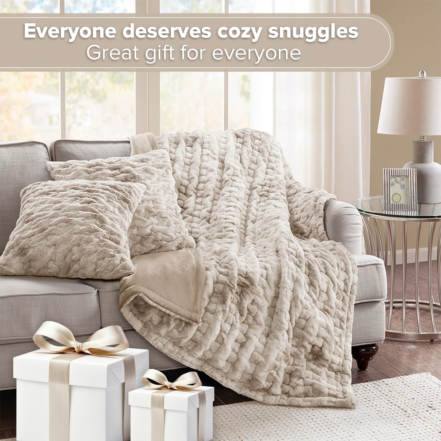 Comfort Spaces Luxurious & Fuzzy Soft Ruched Faux Fur Plush Throw Blanket Set with 2 Matching Square Pillow Covers, for Sofa,Chair, Couch, Living Room, Home Office, Tan Tie Dye 50x 60