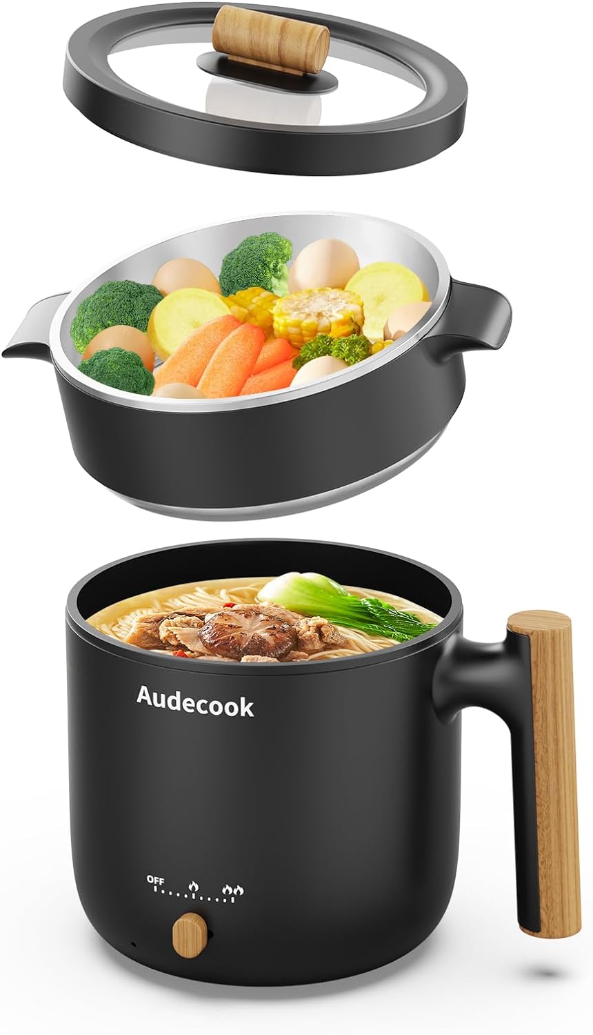 Audecook Hot Pot Electric with Steamer, 1.8L Portable Mini Travel Cooker, Multifunctional Non-Stick Electric Skillet for Stir Fry/Stew/Steam, Perfect for Ramen Noodles/Pasta/Egg/Soup/Oatmeal(Black)