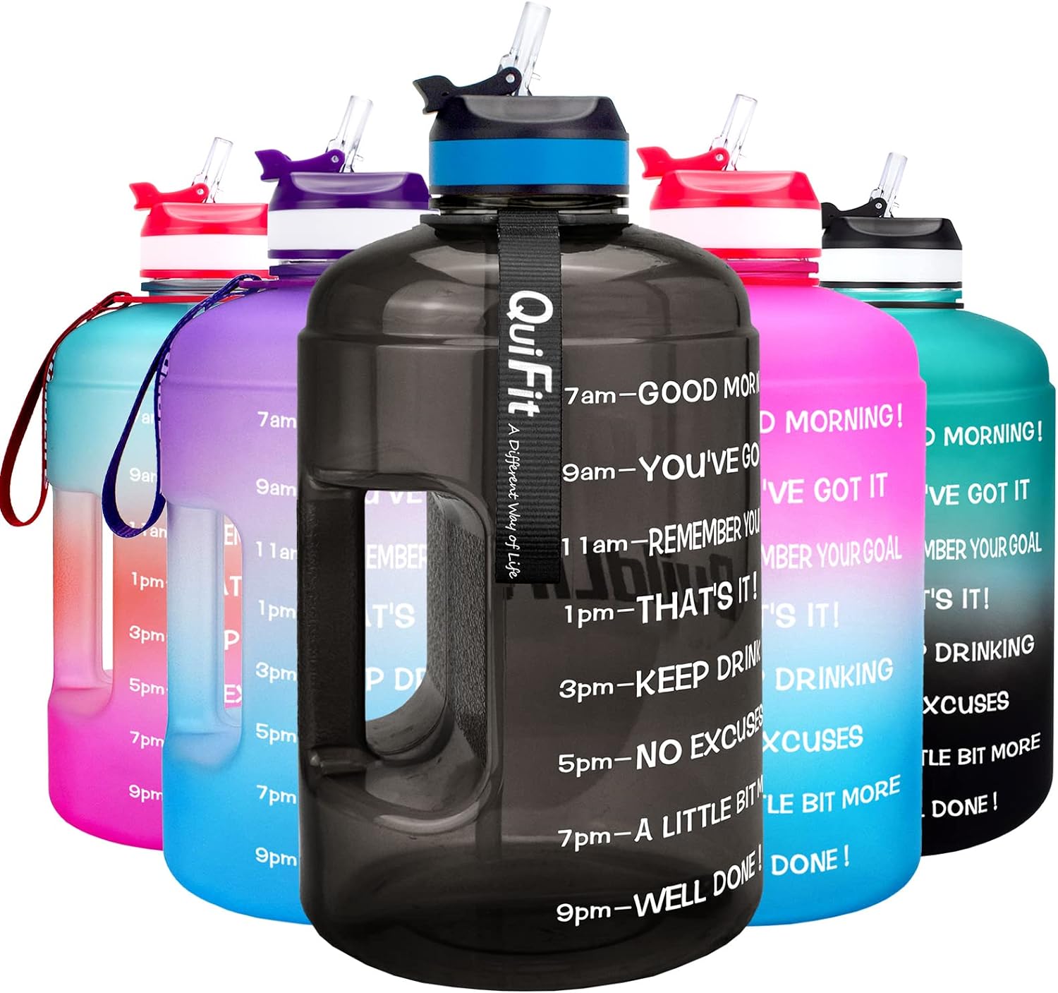 QuiFit Motivational Gallon Water Bottle - with Straw & Time Marker BPA Free Large Reusable Sport Water Jug with Handle for Fitness Outdoor Enthusiasts Leak-Proof