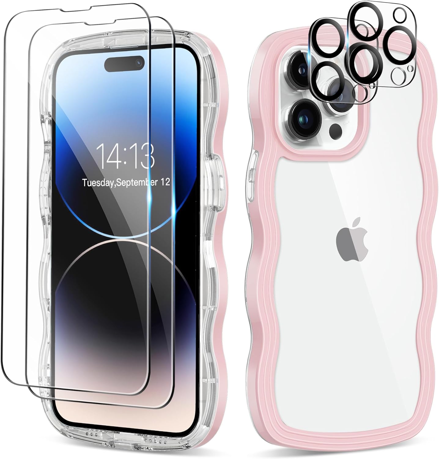 for iPhone 14 Pro Case 6.1 Inch, with 2X Screen Protector + 2X Camera Lens Protector, Clear Wave Curved Design Soft TPU + Hard Frame Shockproof Protective Phone Case Cover for Women, Pink