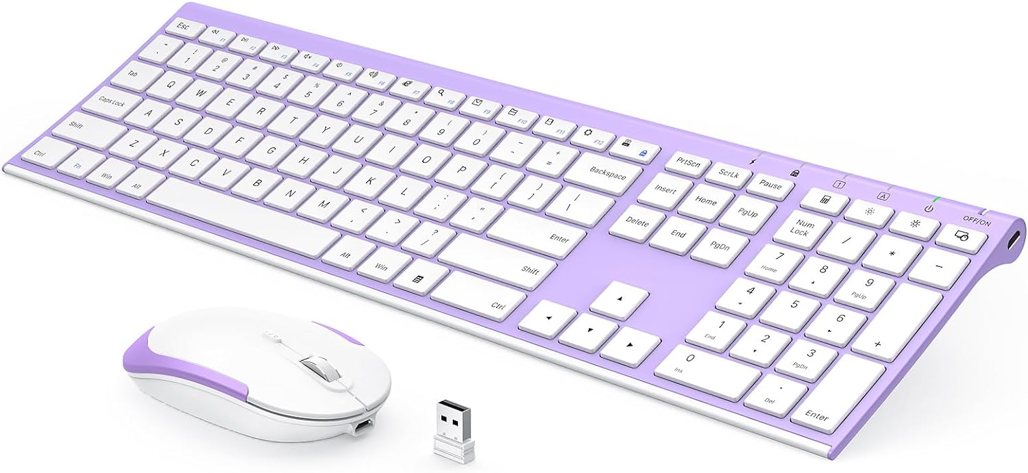 Wireless Keyboard and Mouse, Vssoplor 2.4GHz Rechargeable Compact Quiet Full-Size Keyboard and Mouse Combo with Nano USB Receiver for Windows, Laptop, PC, Notebook-Lavender Purple