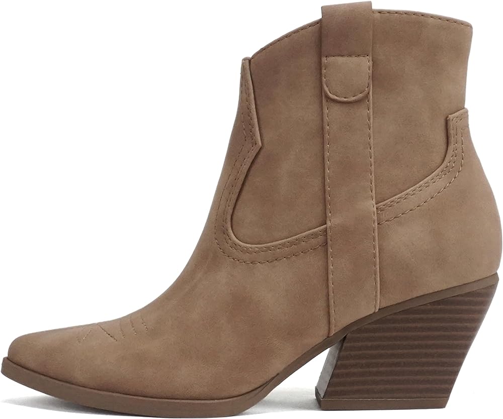 Soda ABEAM ~ Women Pointed Toe Medium Heel Ankle Shaft Western Boot Bootie with Side Zipper