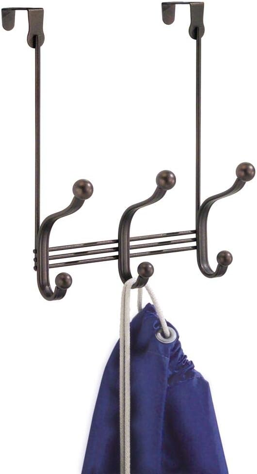 iDesign York Metal Over the Door Organizer, 3-Hook Rack for Coats, Hats, Robes, Towels, Bedroom, Closet, and Bathroom, 8.38 x 5.25 x 11, Bronze