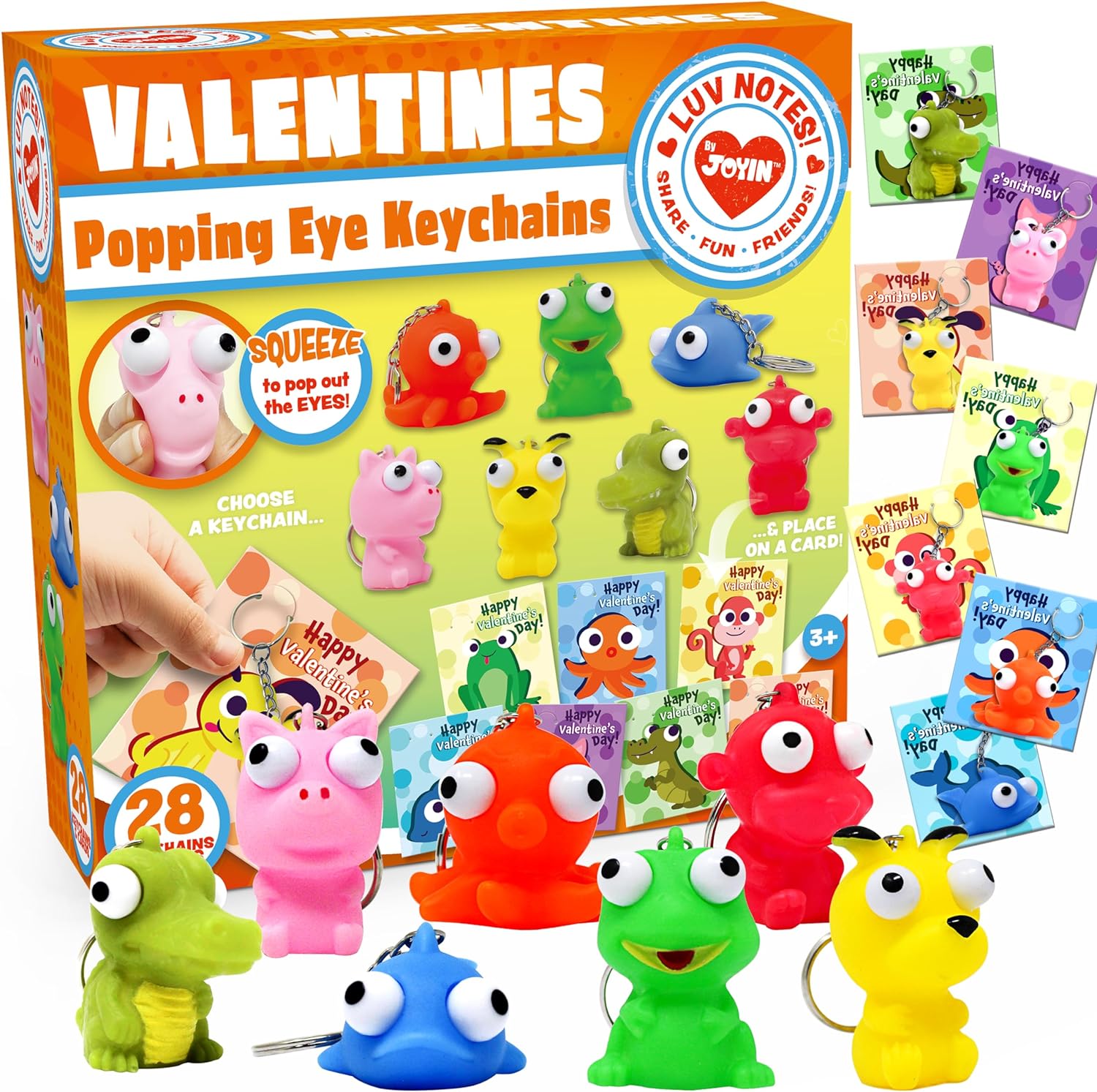 JOYIN 28 Packs Valentine's Day Gift Card with Popping Eyes Animal Keychains for Kids Party Favor, Classroom Exchange Prizes, Valentine��s Greeting Cards including popping eye animal keychains