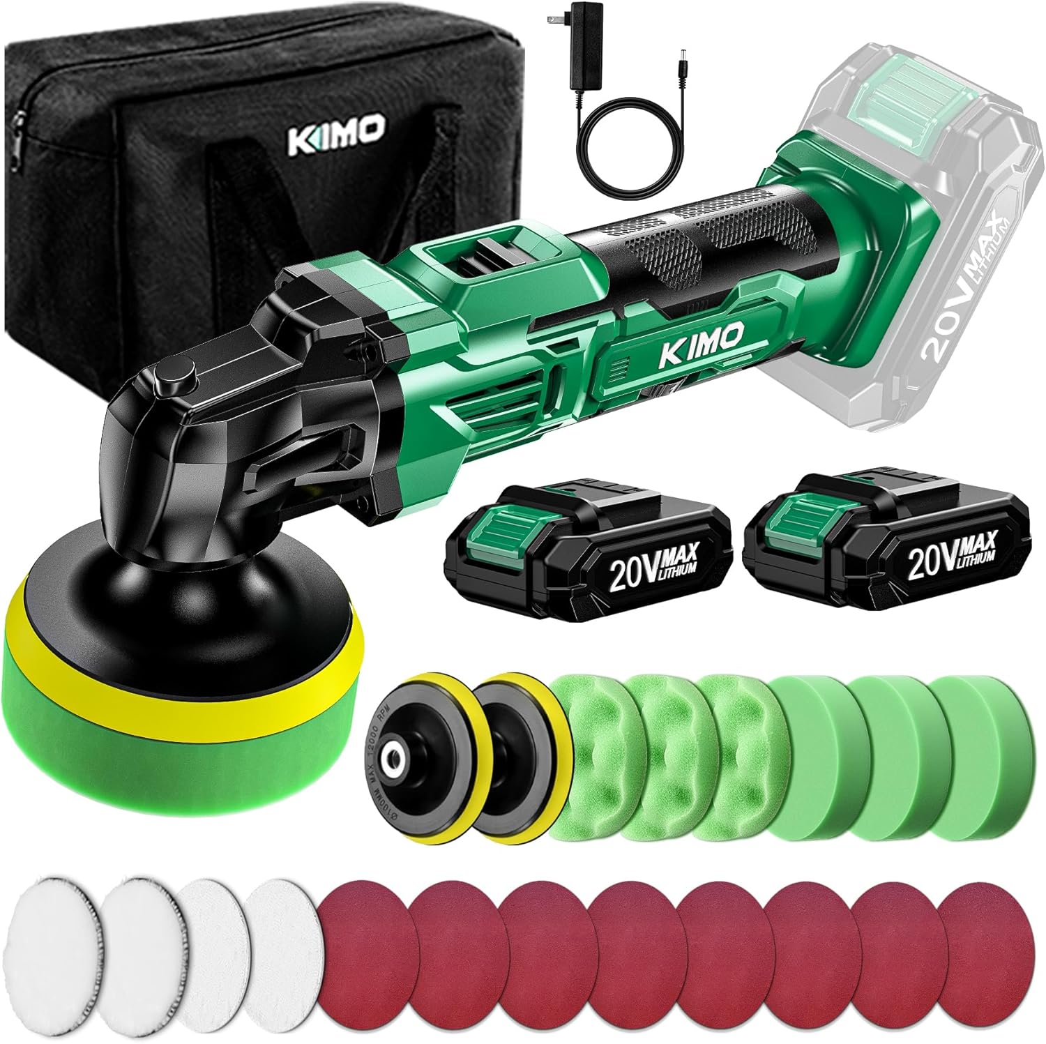 KIMO 20V Cordless Buffer Polisher Kit, 24 Accessories, 2 X 2000mAh Batteries, Car Polisher w/ 6 Variable Speed Up to 3634RPM, Cordless Polisher for Car Detailing/Waxing/Polishing/Scratch Removing