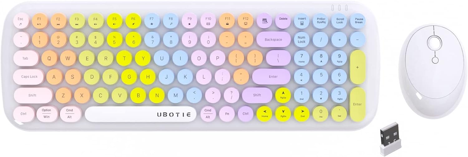 Wireless Keyboards and Mouse Combos, UBOTIE Colorful Gradient Rainbow Colored Retro Typewriter Flexible Keyboard, 2.4GHz Connection and Optical Mouse